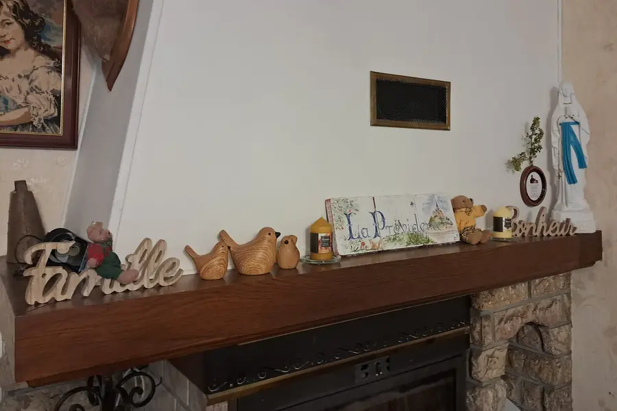 La cheminée du salon : sur le manteau, les lettres « Famille », des oiseaux en bois, un carreau peint « La Providence » et le mot « Bonheur »